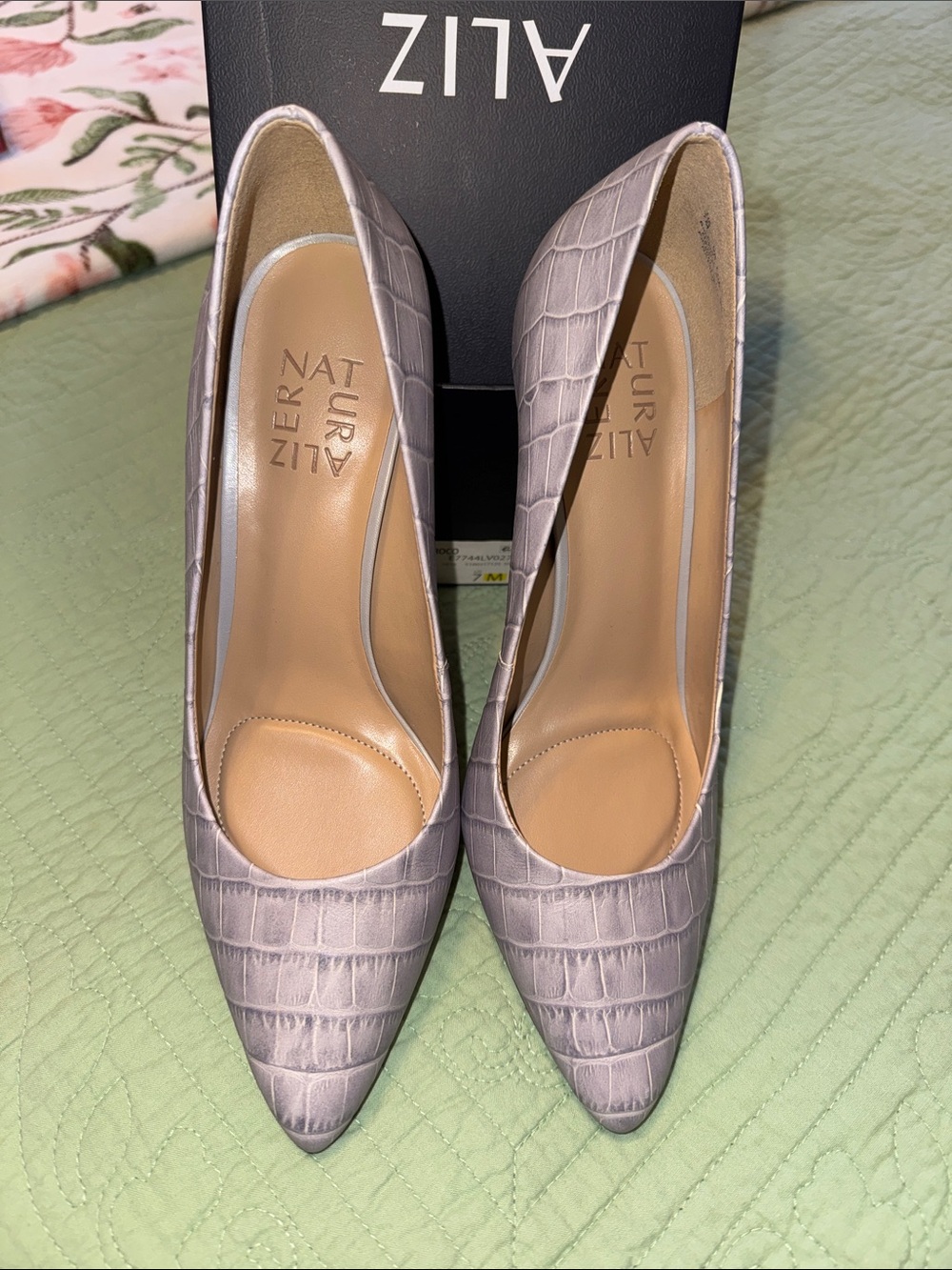 Naturalizer Croc-Embossed Pointed Toe Pumps in Light Grey